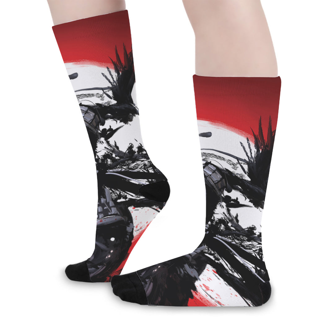 Samurai And Crow Print Long Socks