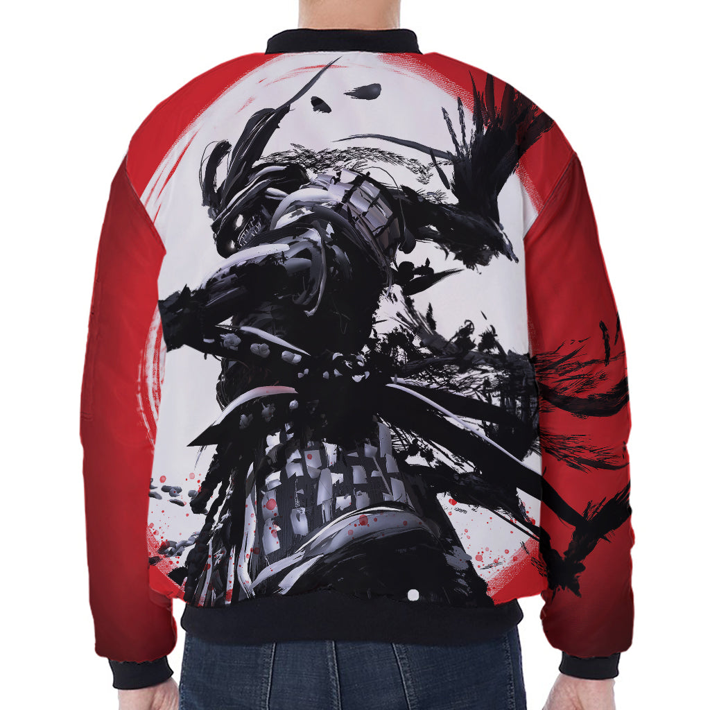 Samurai And Crow Print Zip Sleeve Bomber Jacket