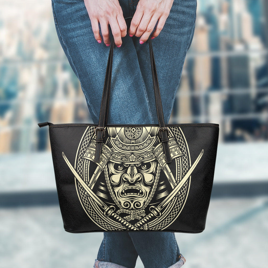 Samurai Warrior Mask Print Leather Tote Bag