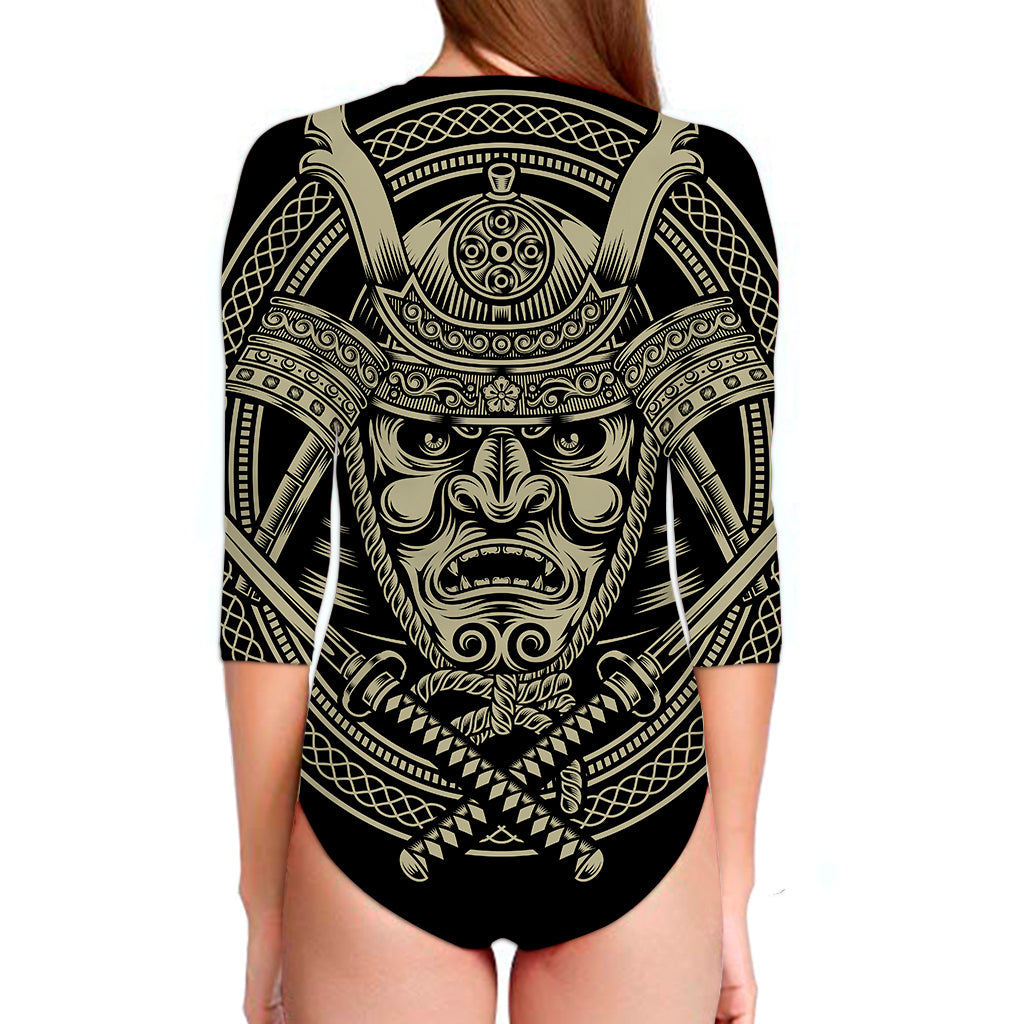 Samurai Warrior Mask Print Long Sleeve Swimsuit
