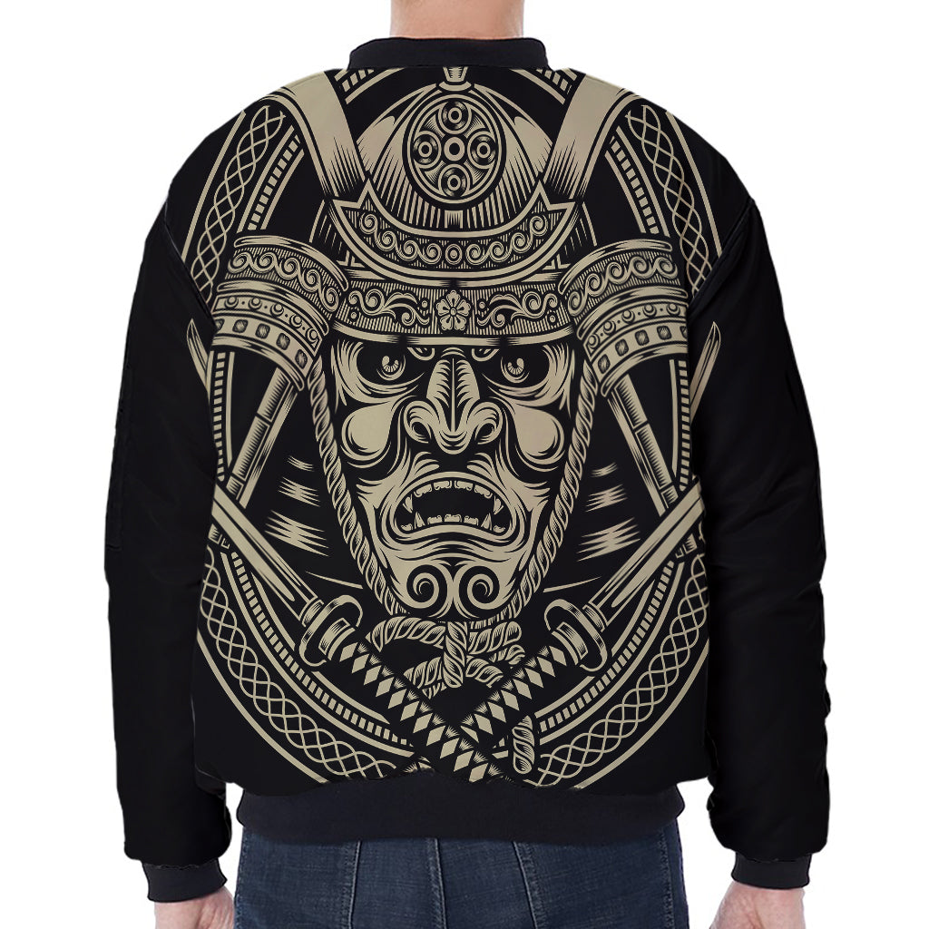 Samurai Warrior Mask Print Zip Sleeve Bomber Jacket