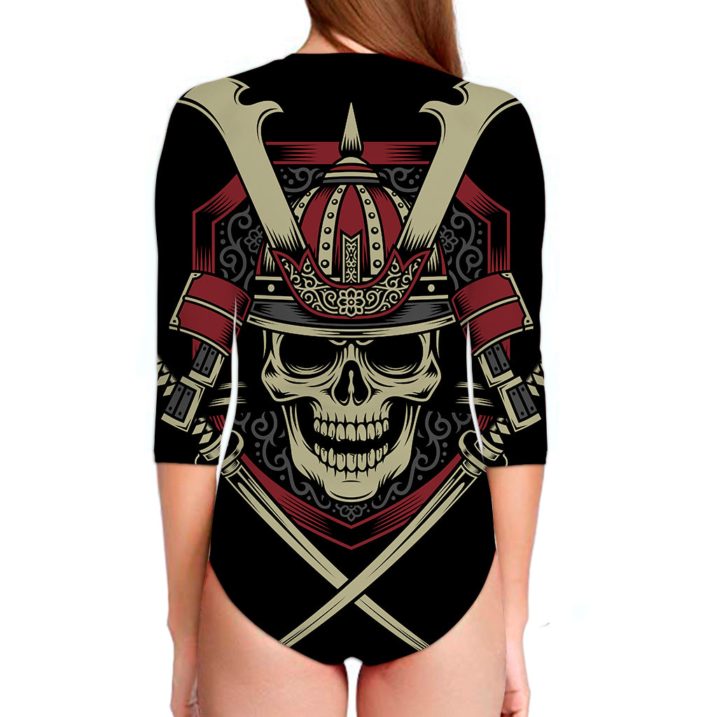 Samurai Warrior Skull Print Long Sleeve Swimsuit