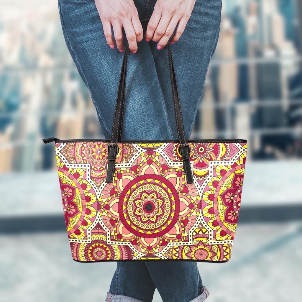 Sangria Mandala Bohemian Pattern Print Leather Tote Bag