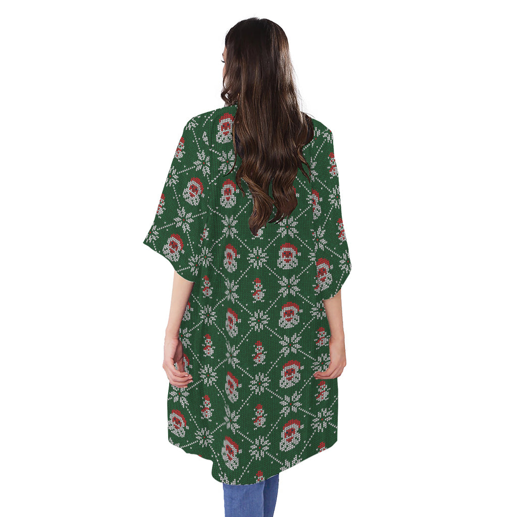 Santa Claus Knitted Pattern Print Open Front Beach Cover Up