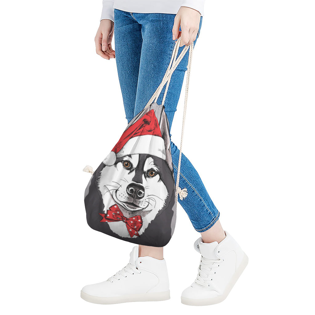 Santa Siberian Husky Print Drawstring Bag