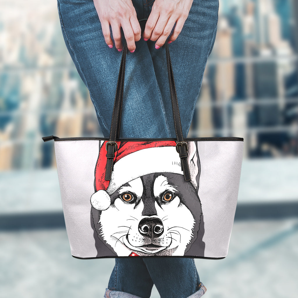 Santa Siberian Husky Print Leather Tote Bag