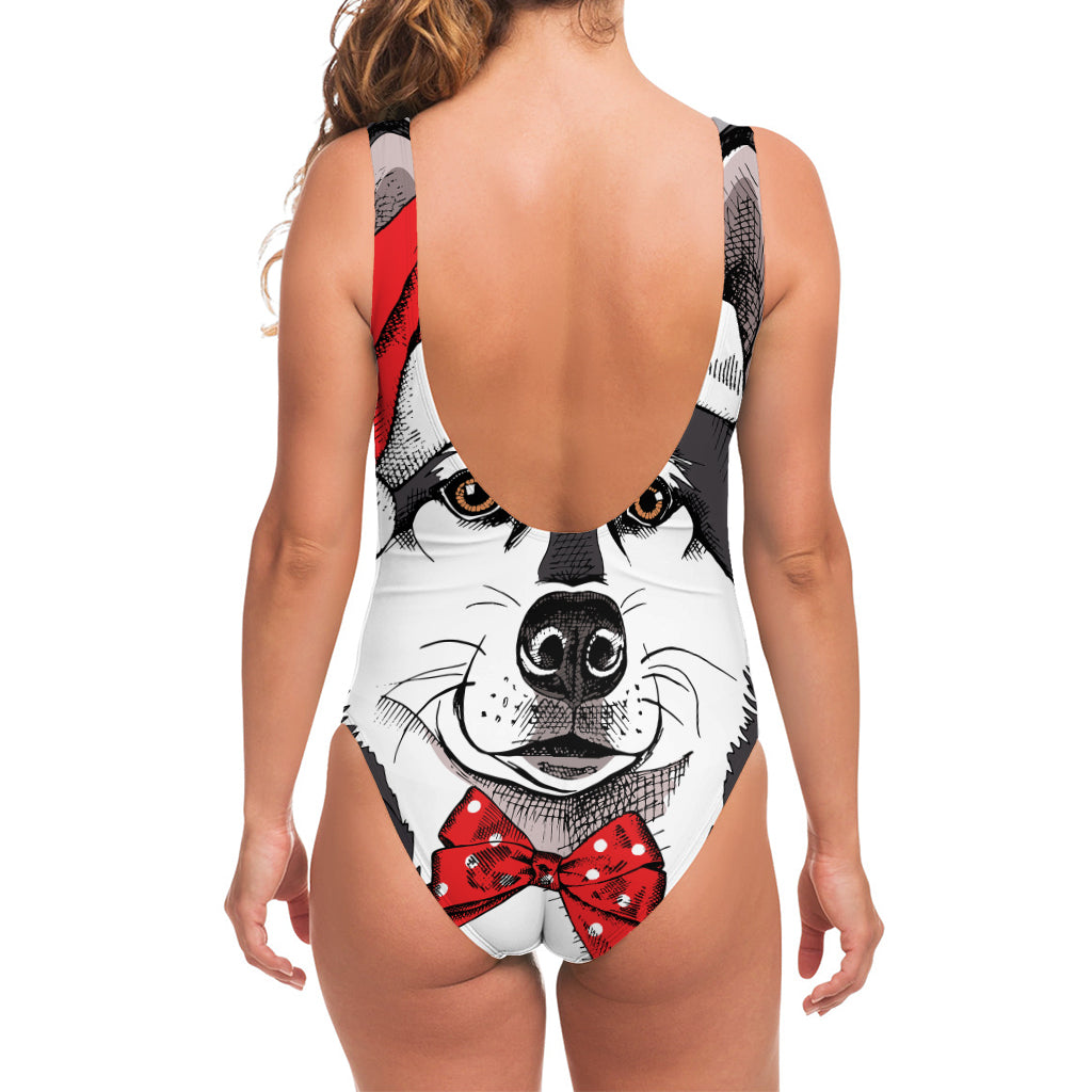 Santa Siberian Husky Print One Piece Swimsuit