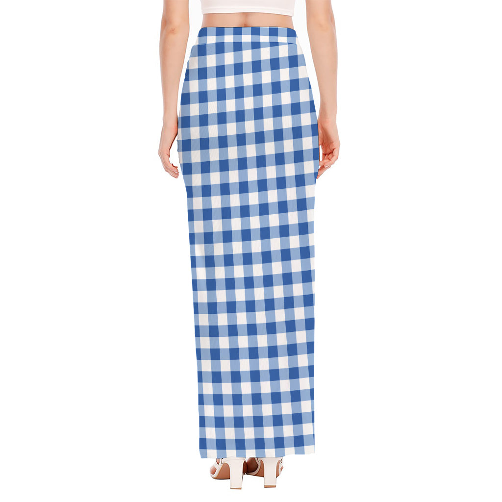 Sapphire Blue Check Pattern Print High Slit Maxi Skirt