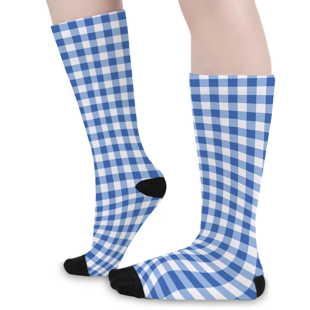 Sapphire Blue Check Pattern Print Long Socks