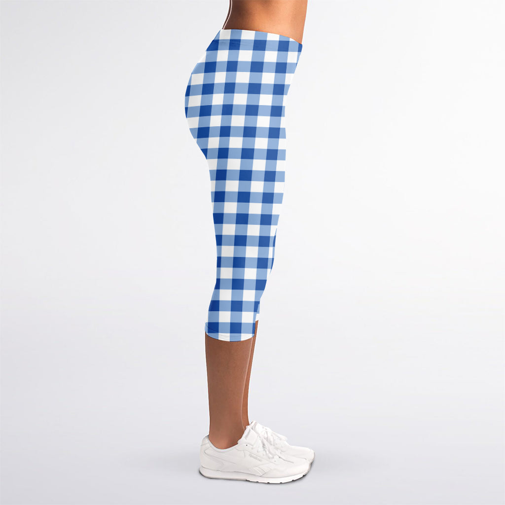 Sapphire Blue Check Pattern Print Women's Capri Leggings