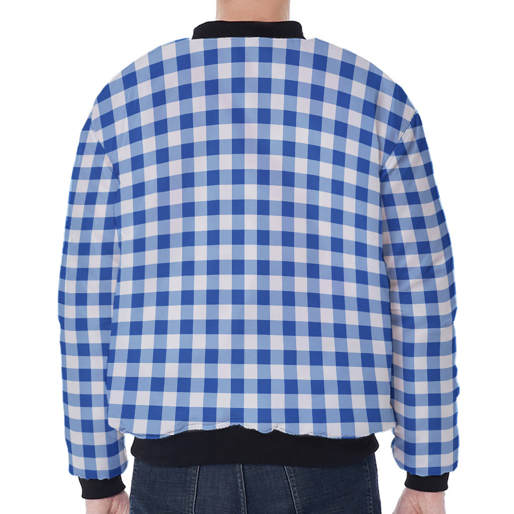 Sapphire Blue Check Pattern Print Zip Sleeve Bomber Jacket