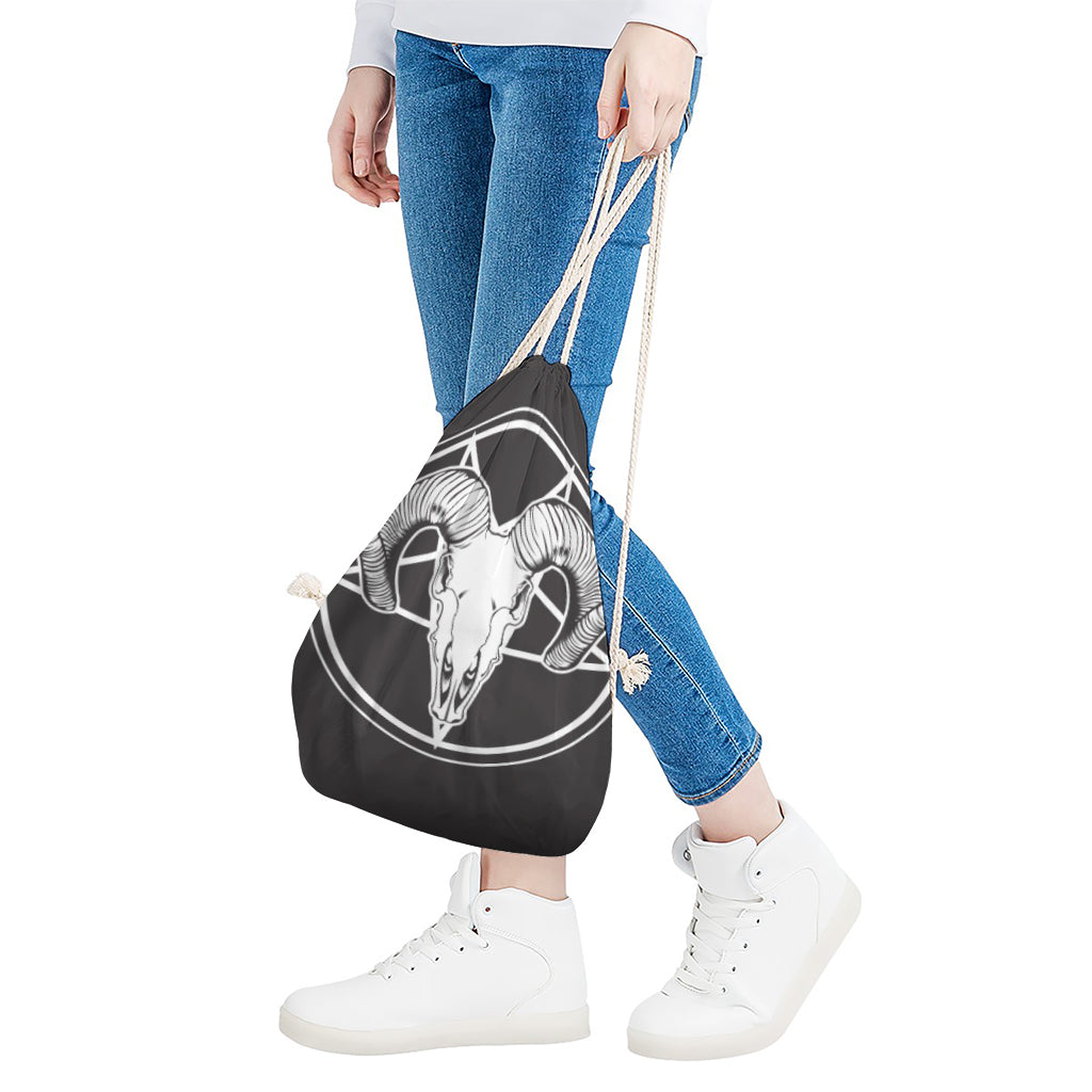 Satan Goat Skull Pentagram Print Drawstring Bag