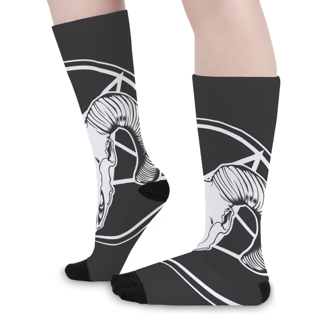 Satan Goat Skull Pentagram Print Long Socks