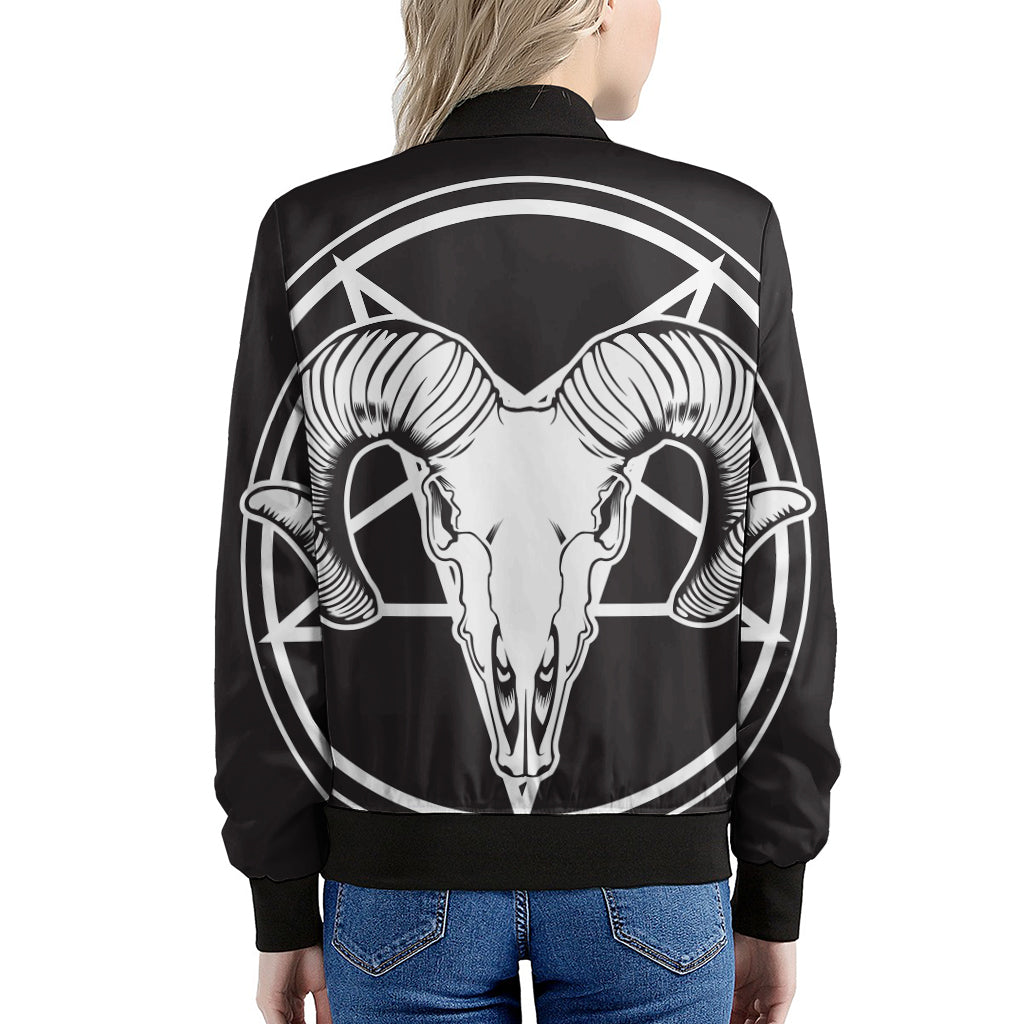 Satan Goat Skull Pentagram Print Women's Bomber Jacket