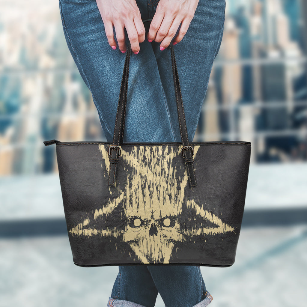 Satanic Pentagram Skull Print Leather Tote Bag