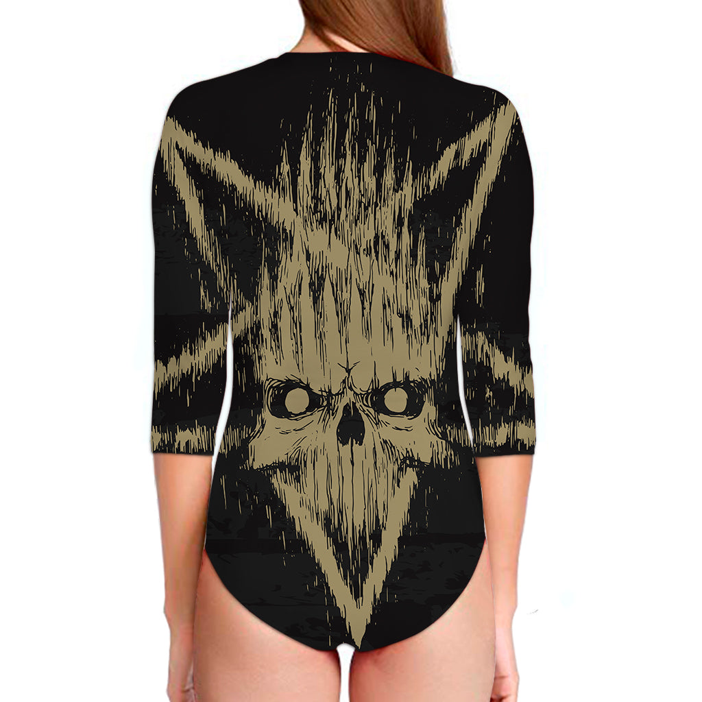 Satanic Pentagram Skull Print Long Sleeve Swimsuit