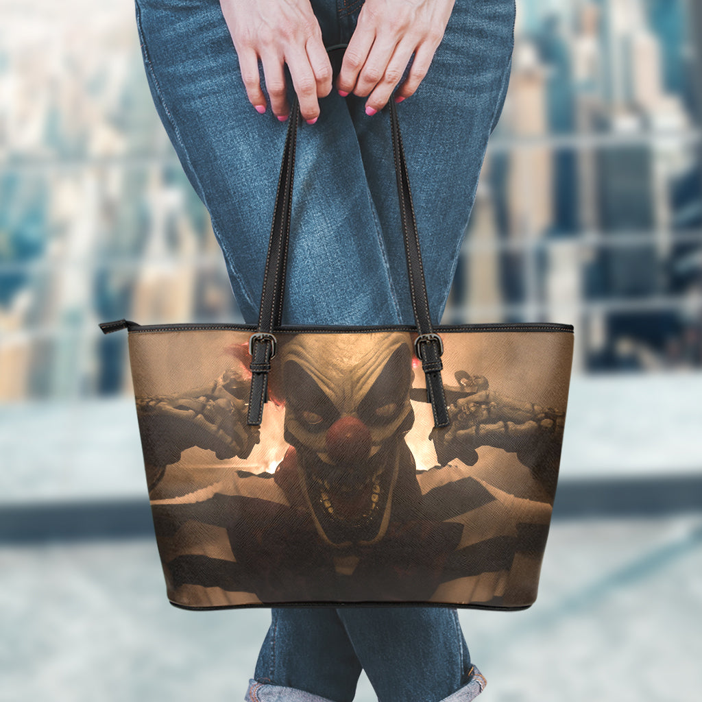 Scary Clown Print Leather Tote Bag