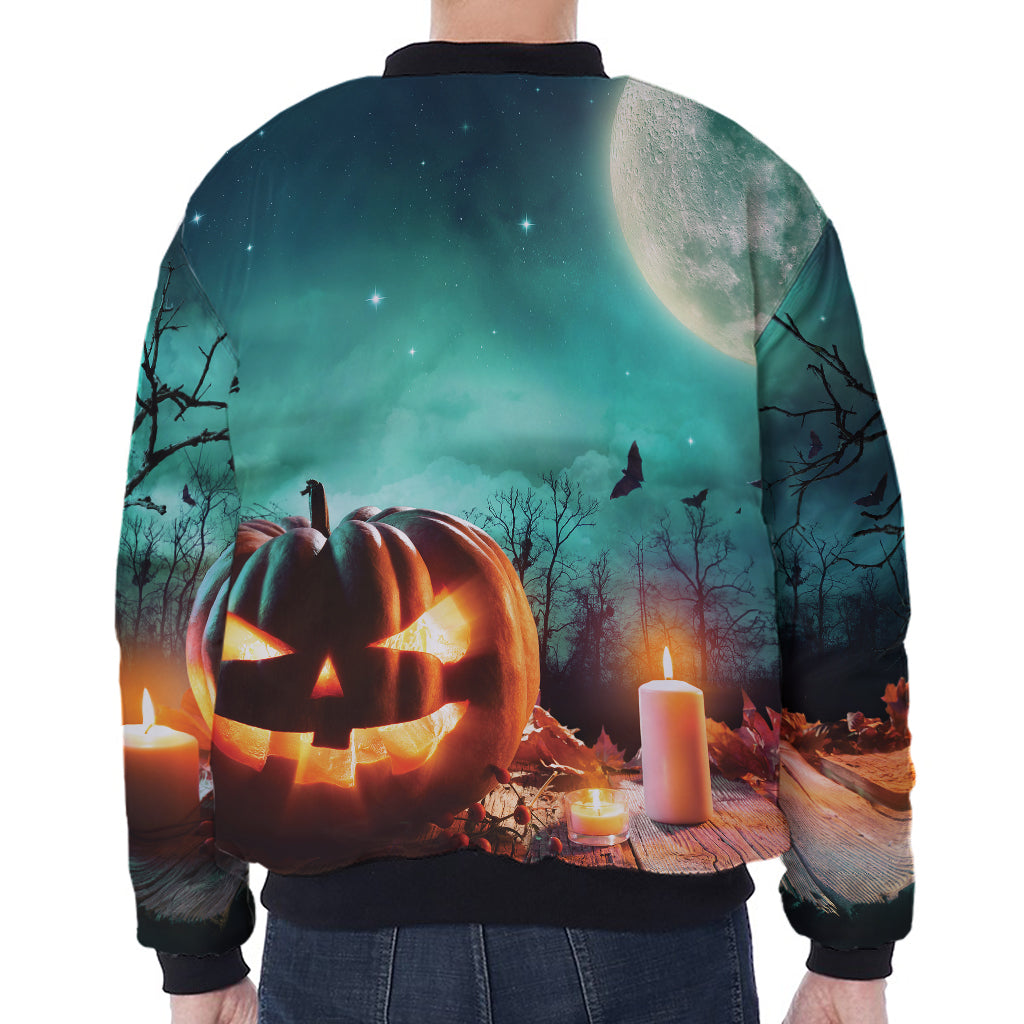 Scary Halloween Pumpkin Print Zip Sleeve Bomber Jacket