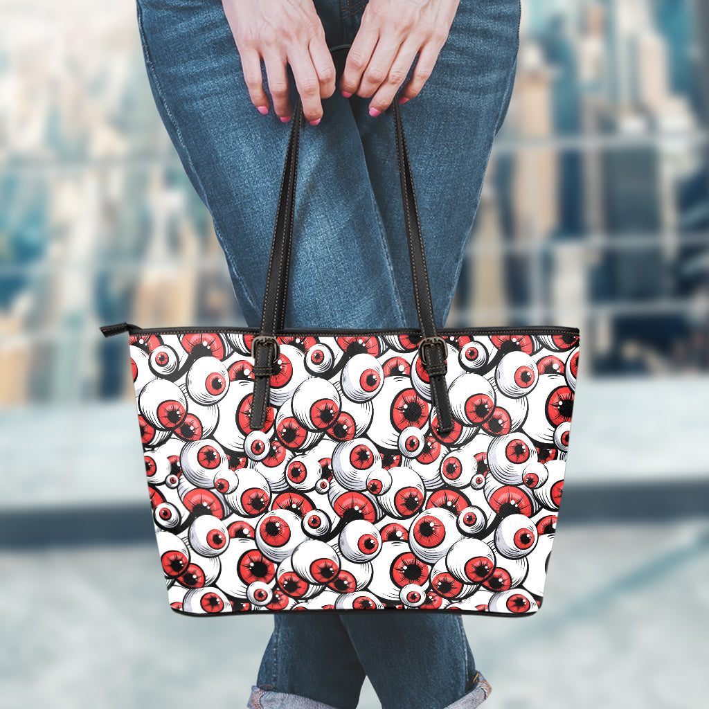 Scary Red Eyeball Pattern Print Leather Tote Bag
