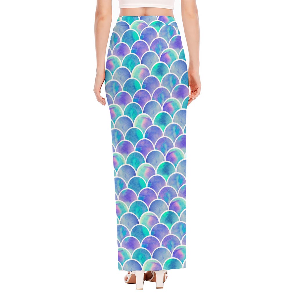 Sea Blue Mermaid Scales Pattern Print High Slit Maxi Skirt