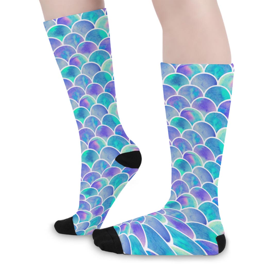 Sea Blue Mermaid Scales Pattern Print Long Socks