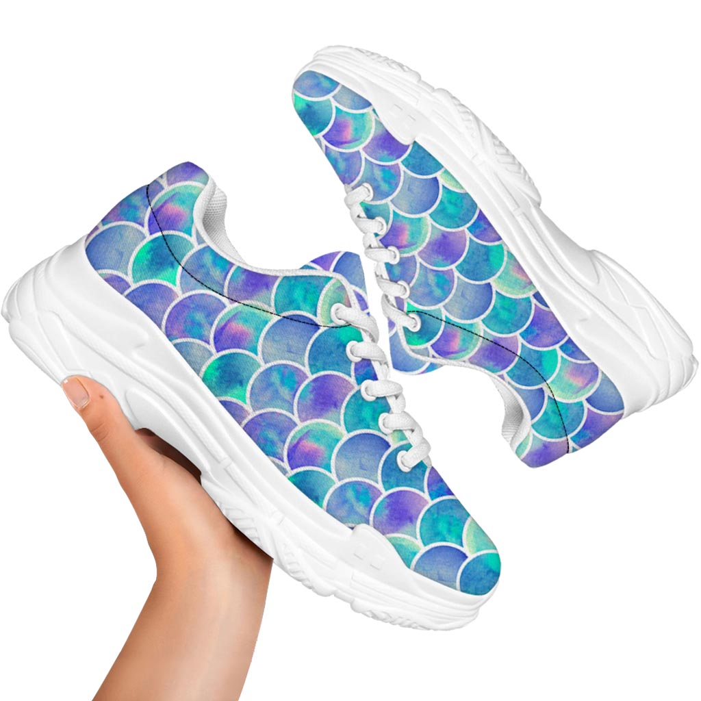 Sea Blue Mermaid Scales Pattern Print White Chunky Shoes