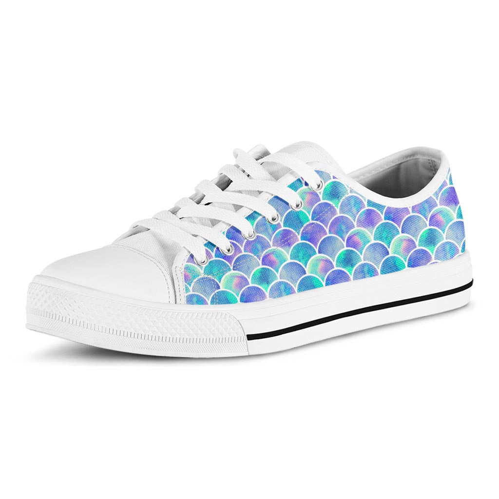 Sea Blue Mermaid Scales Pattern Print White Low Top Sneakers