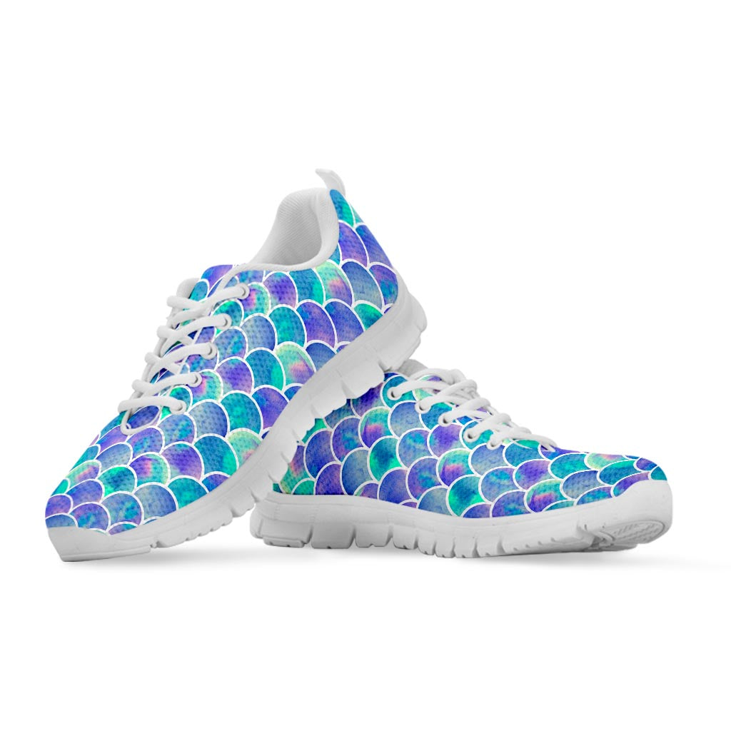 Sea Blue Mermaid Scales Pattern Print White Running Shoes