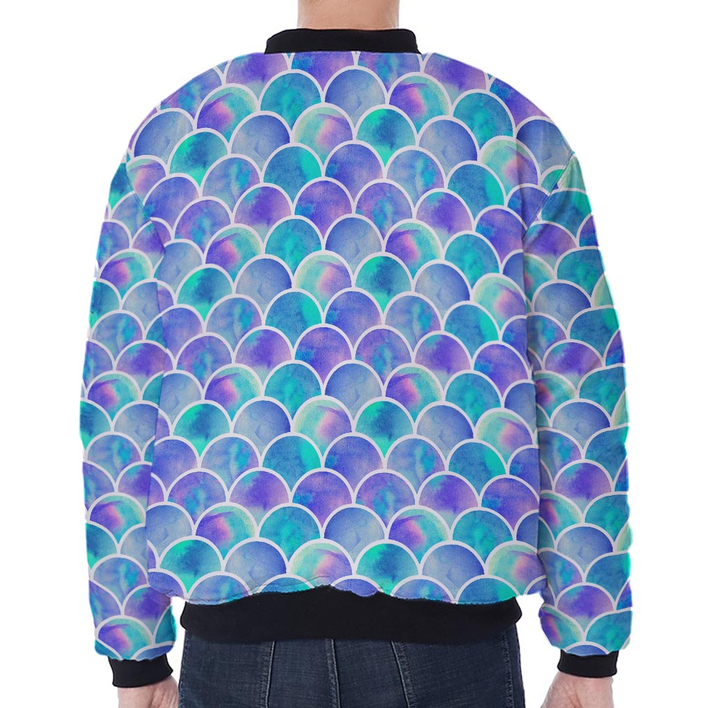 Sea Blue Mermaid Scales Pattern Print Zip Sleeve Bomber Jacket