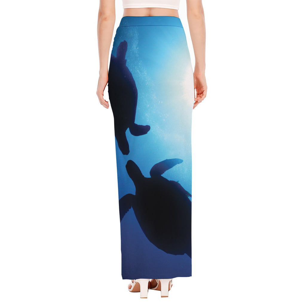 Sea Turtle Family Underwater Print High Slit Maxi Skirt
