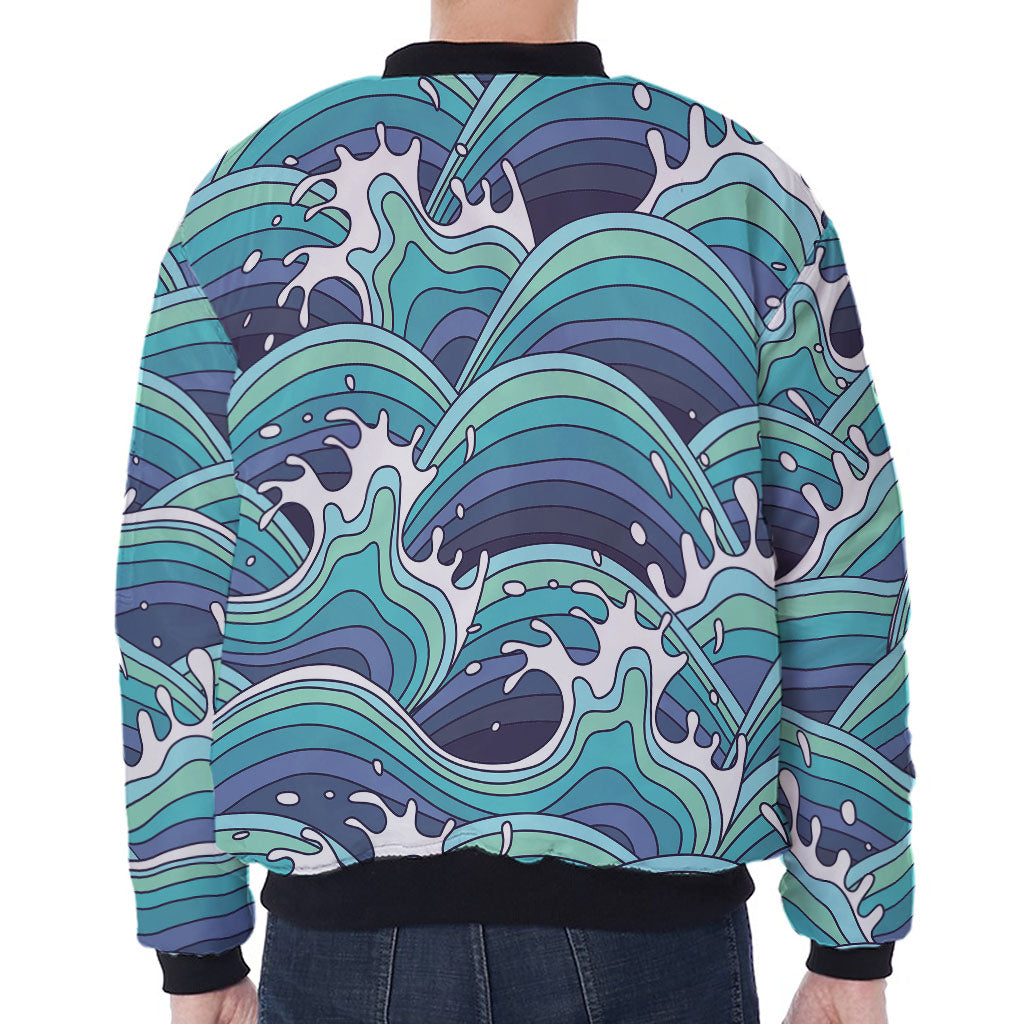 Sea Wave Surfing Pattern Print Zip Sleeve Bomber Jacket