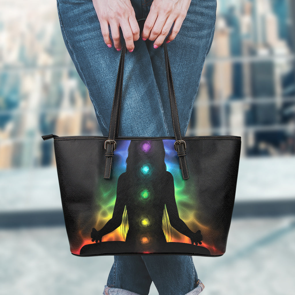 Seven Chakras Aura Print Leather Tote Bag
