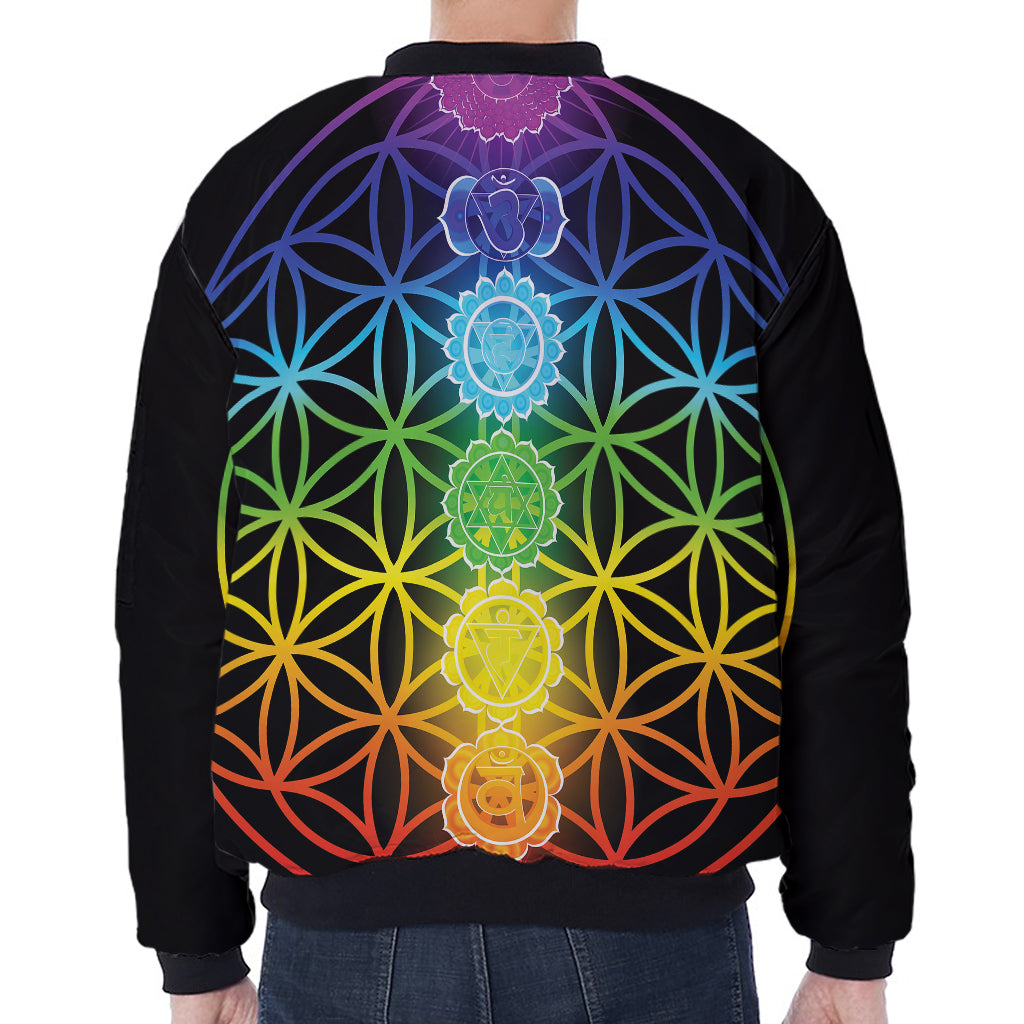Seven Chakras Flower Of Life Print Zip Sleeve Bomber Jacket