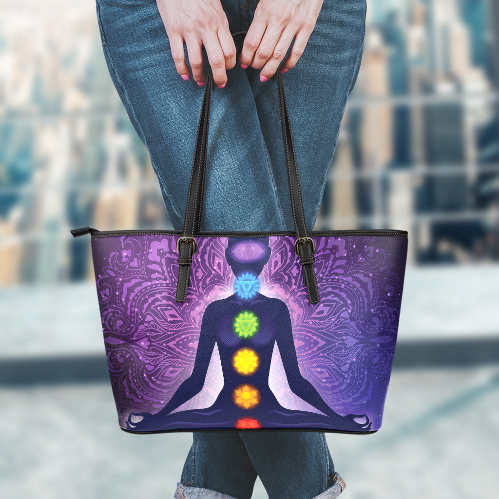 Seven Chakras Mandala Print Leather Tote Bag