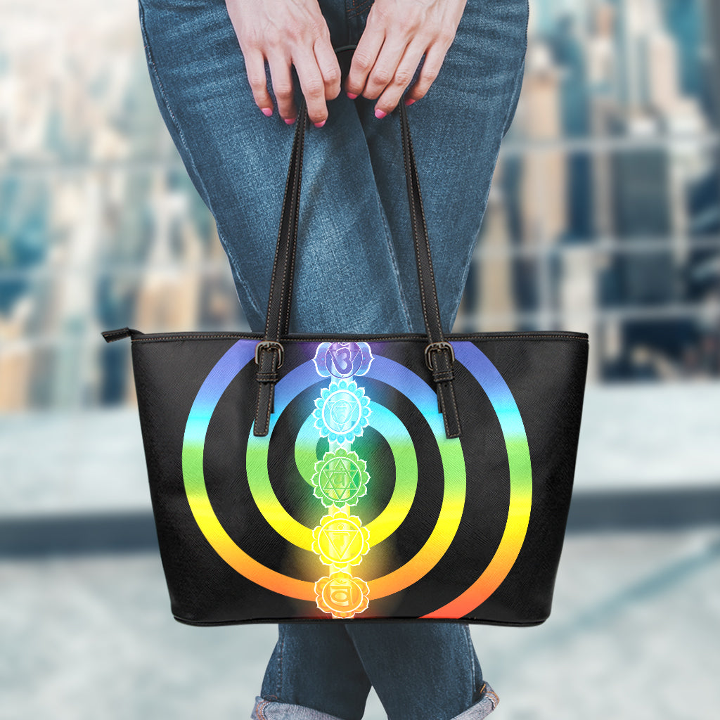 Seven Chakras Rainbow Of Life Print Leather Tote Bag