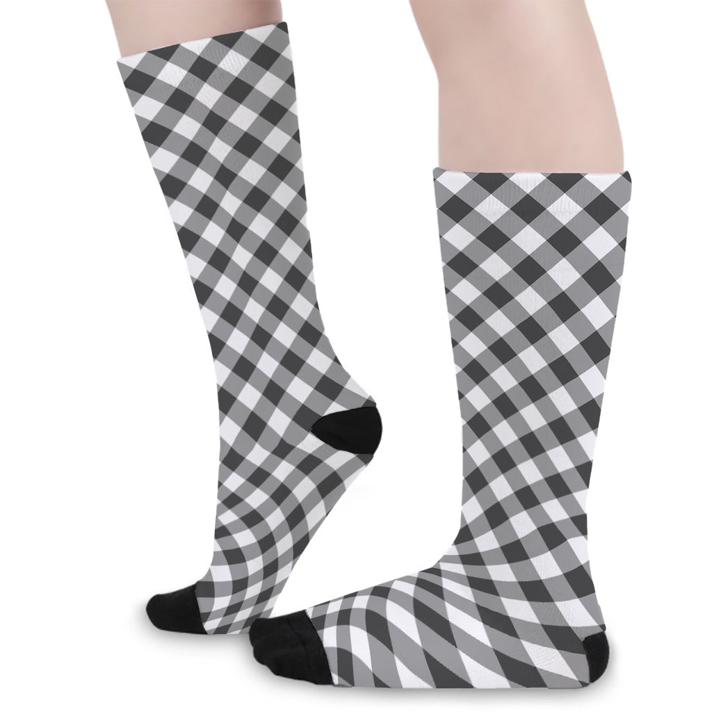 Shadow Grey And White Gingham Print Long Socks