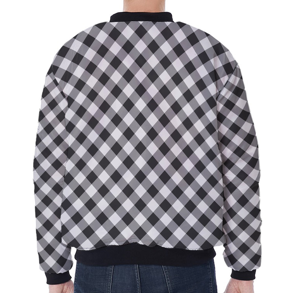 Shadow Grey And White Gingham Print Zip Sleeve Bomber Jacket
