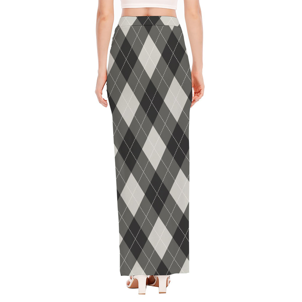Shadow Grey Argyle Pattern Print High Slit Maxi Skirt