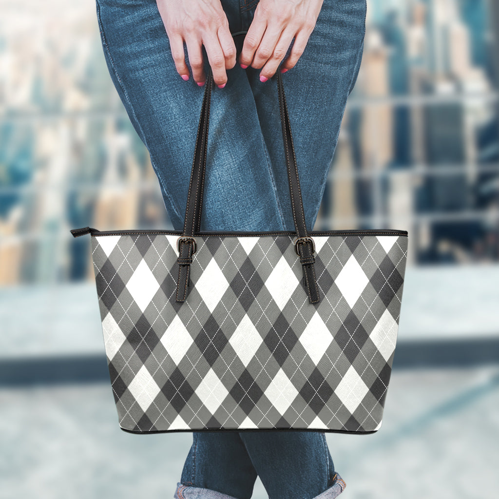 Shadow Grey Argyle Pattern Print Leather Tote Bag