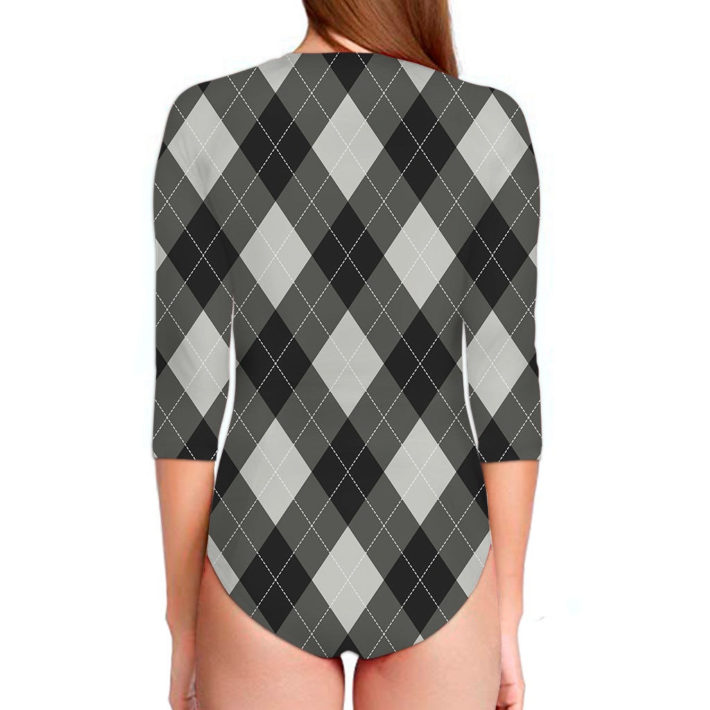 Shadow Grey Argyle Pattern Print Long Sleeve Swimsuit