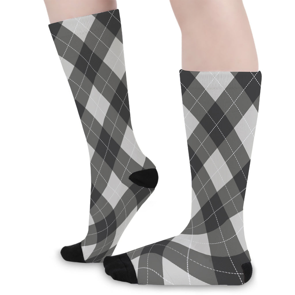 Shadow Grey Argyle Pattern Print Long Socks