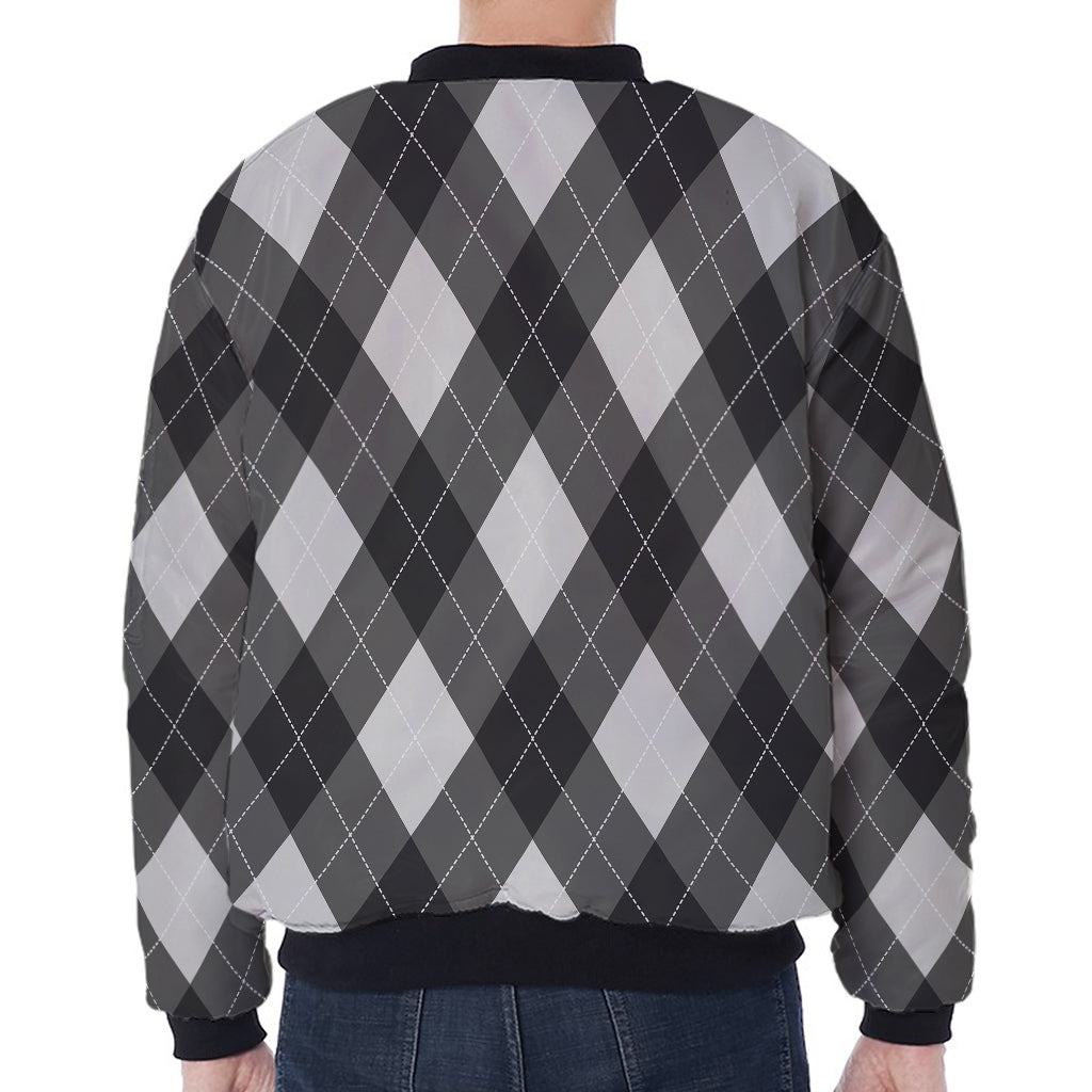 Shadow Grey Argyle Pattern Print Zip Sleeve Bomber Jacket