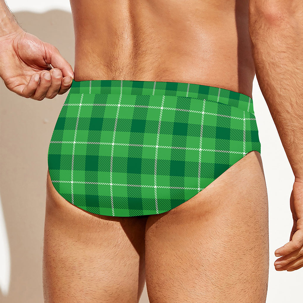 Shamrock Green Plaid Pattern Print Men's Swim Briefs