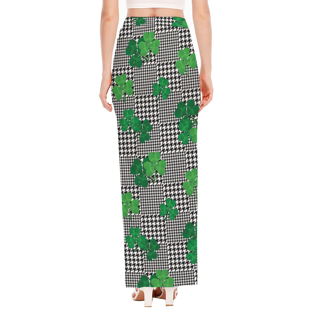 Shamrocks Houndstooth Pattern Print High Slit Maxi Skirt