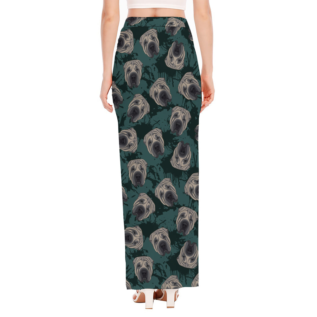 Shar Pei Face Pattern Print High Slit Maxi Skirt
