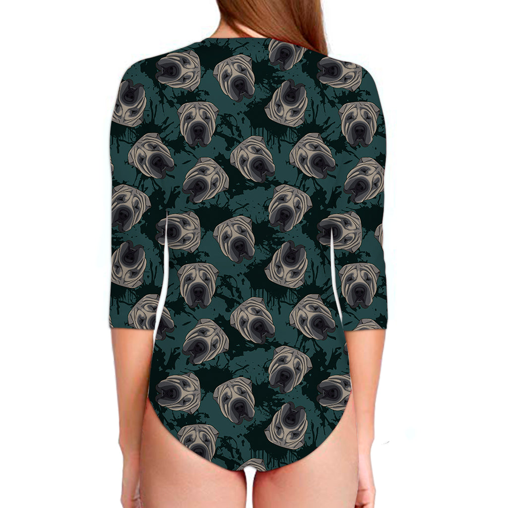 Shar Pei Face Pattern Print Long Sleeve Swimsuit