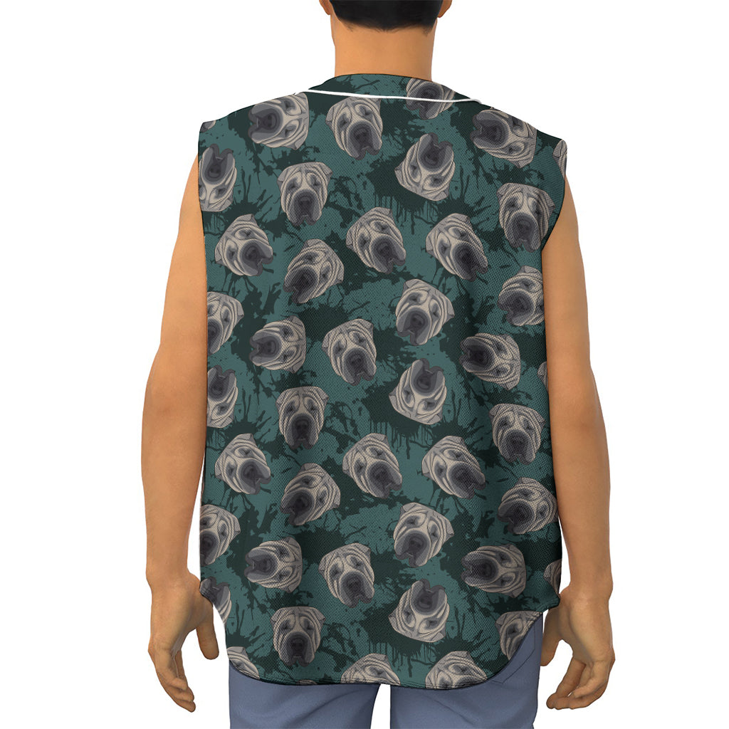 Shar Pei Face Pattern Print Sleeveless Baseball Jersey
