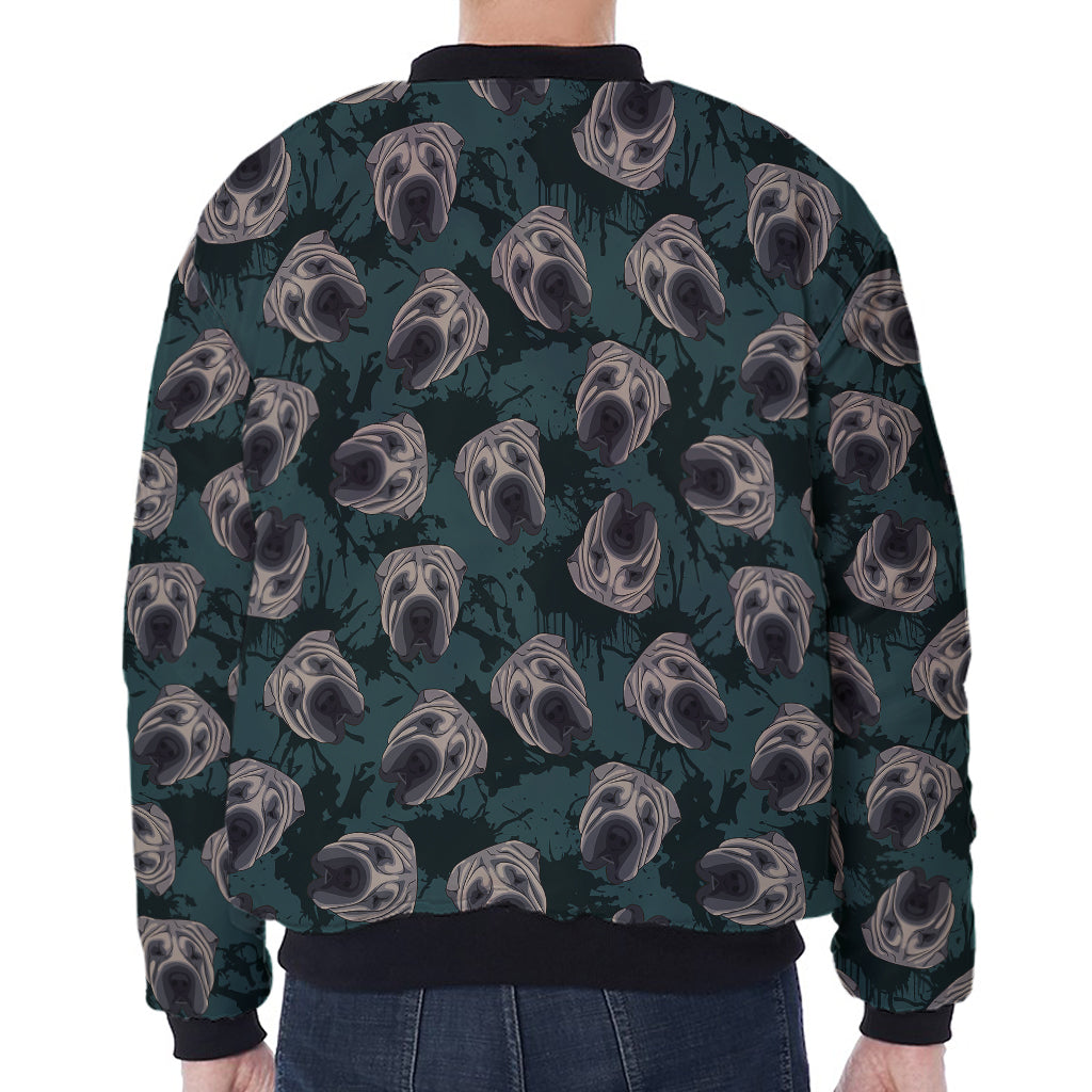 Shar Pei Face Pattern Print Zip Sleeve Bomber Jacket