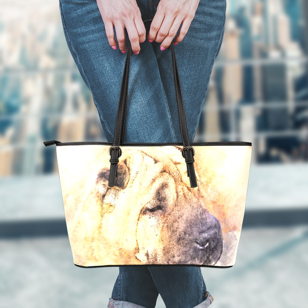 Shar Pei Portrait Print Leather Tote Bag