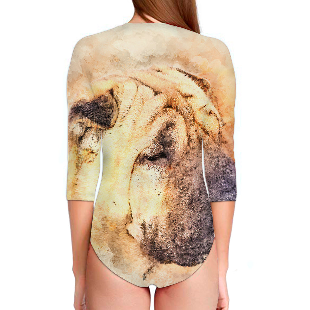 Shar Pei Portrait Print Long Sleeve Swimsuit